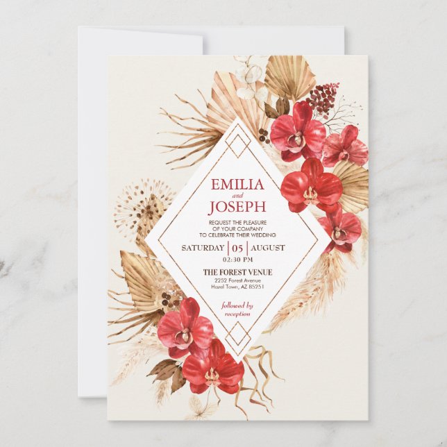 Invitation Boho chic or rouge Frame & rouge mariage de automn (Devant)