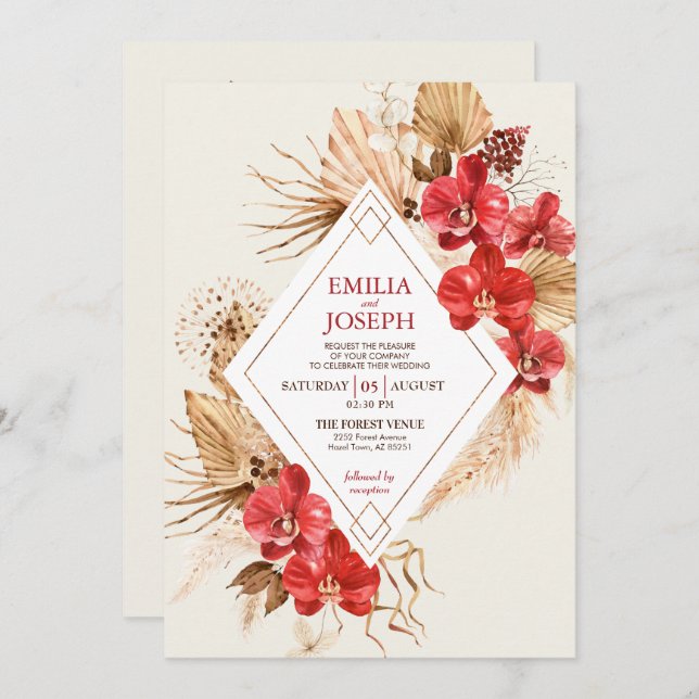 Invitation Boho chic or rouge Frame & rouge mariage de automn (Devant / Derrière)