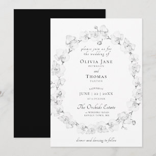 Invitation Boho Chic Orchid Floral Wreath Black White Mariage