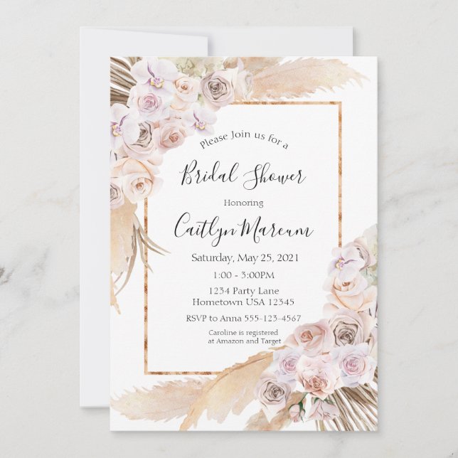 Invitation Boho chic orchidée pampas herbe nuptiale douche (Devant)