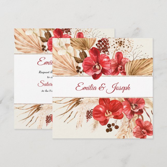 Invitation Boho chic orchidée rouge chute personnalisée Maria (Devant / Derrière)