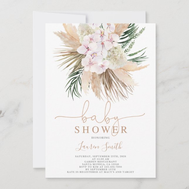 Invitation Boho chic Pampas Baby shower en herbe (Devant)