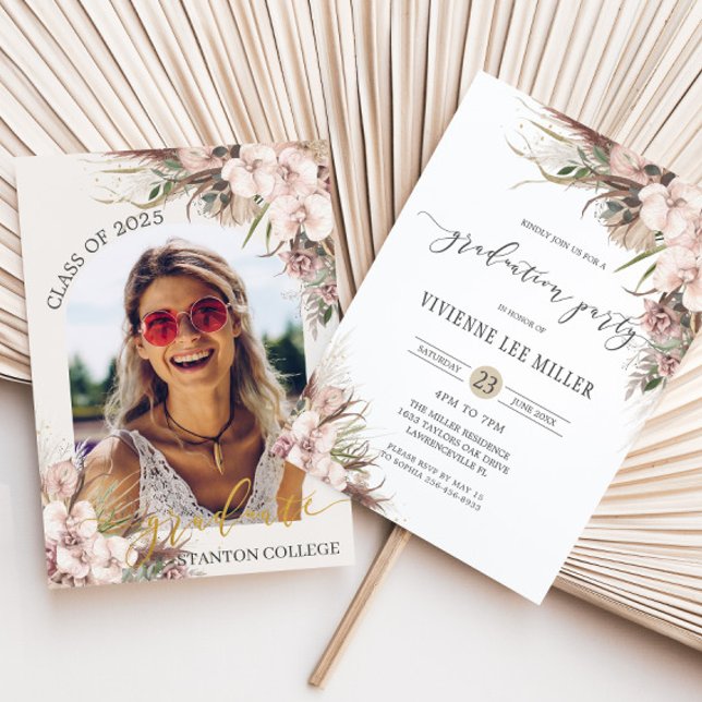 Invitation Boho Chic Pampas Grass Orchid Floral Graduation (boho pampas grass orchid floral neutral tones graduation party picture invitation cards download)