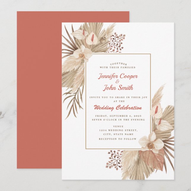 Invitation Boho Chic Pampas Grass Orchid Terracotta Mariage (Devant / Derrière)