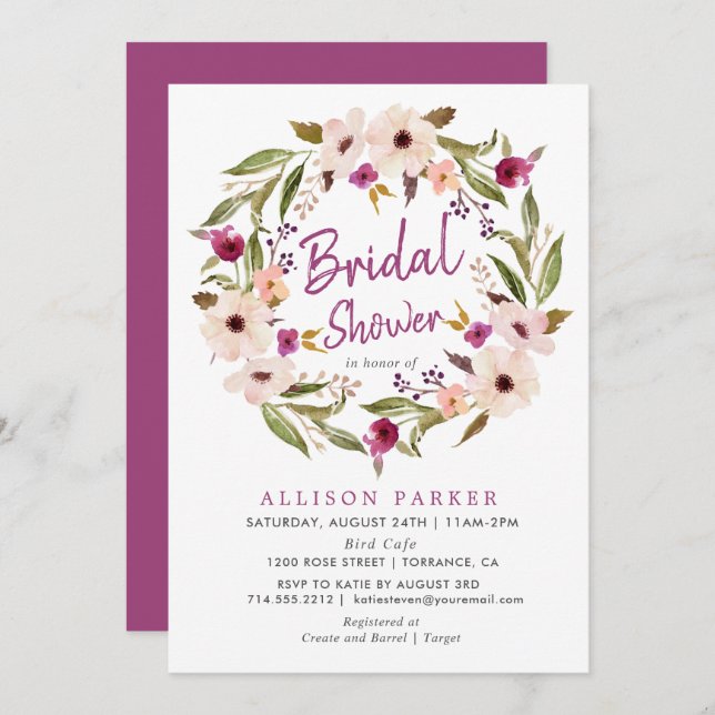 Invitation Boho Chic Plum Flowers Douche nuptiale (Devant / Derrière)