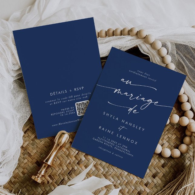 Invitation Boho Chic Royal Blue QR Code Mariage français (Créateur téléchargé)