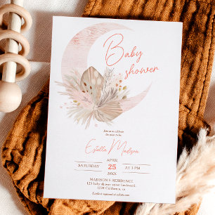 Invitation Boho chic rustique pampas baby shower lune fleurie