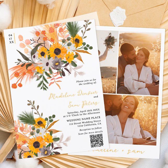 Invitation Boho chic rustique tournesols orange 3 mariage pho (Créateur téléchargé)