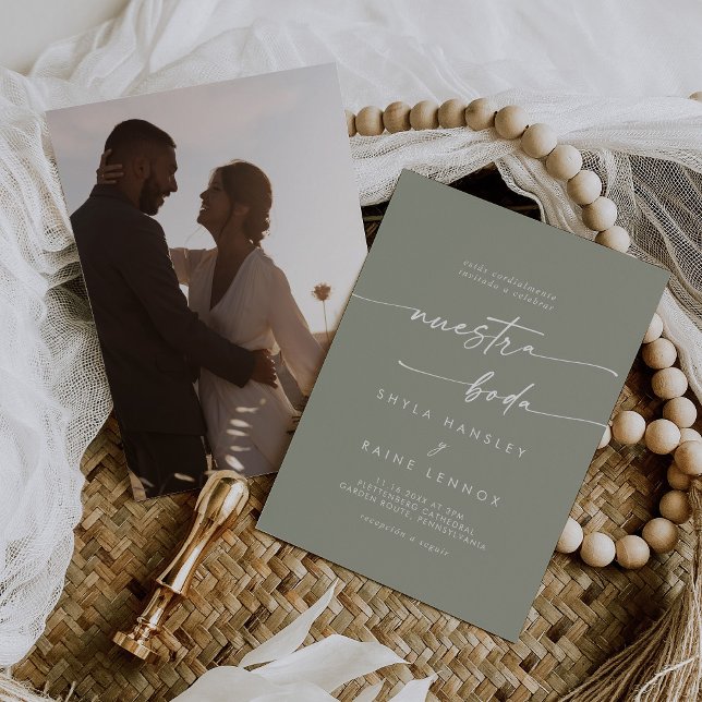 Invitation Boho Chic Sage Green Photo Mariage espagnol (Créateur téléchargé)