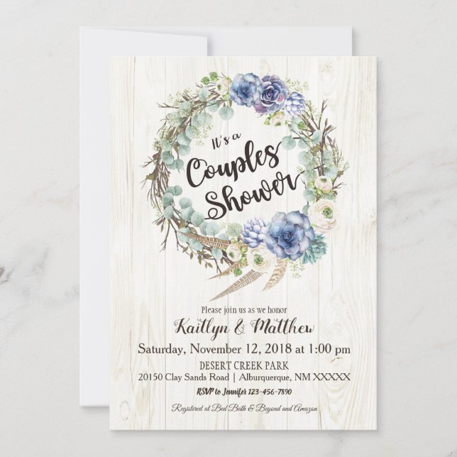 Invitation Boho Chic Succulent Eucalyptus Couples Douche (Devant)