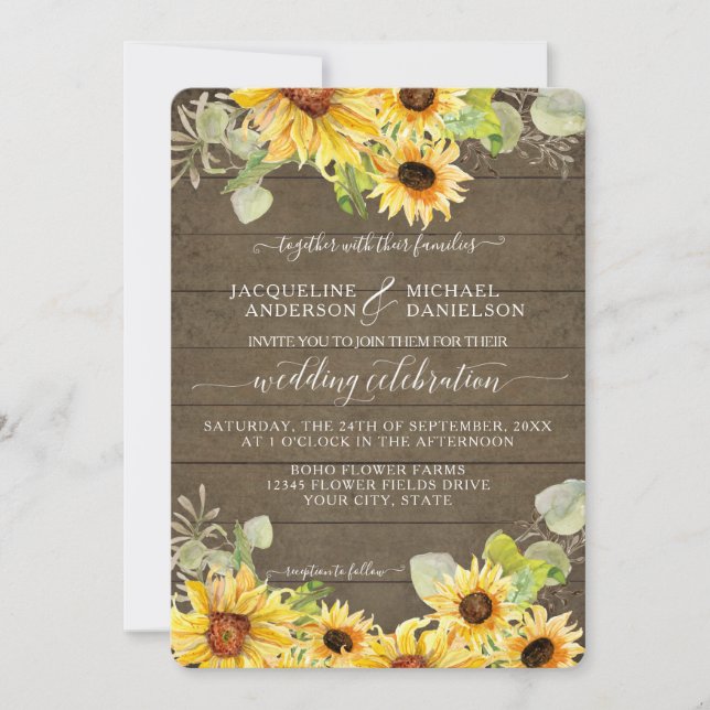 Invitation BOHO Chic Sunflower Floral Eucalyptus Mariage feui (Devant)