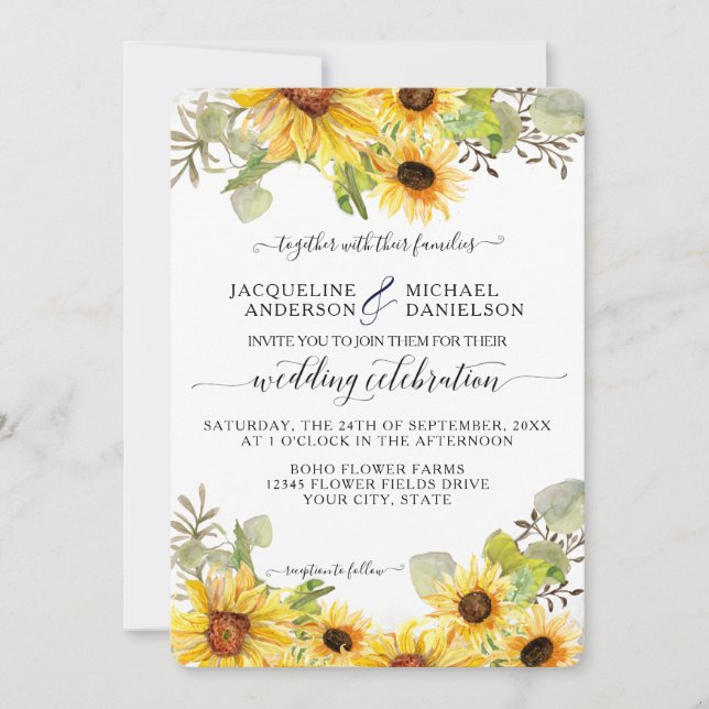 Invitation BOHO Chic Sunflower Floral Eucalyptus Mariage feui (Devant)