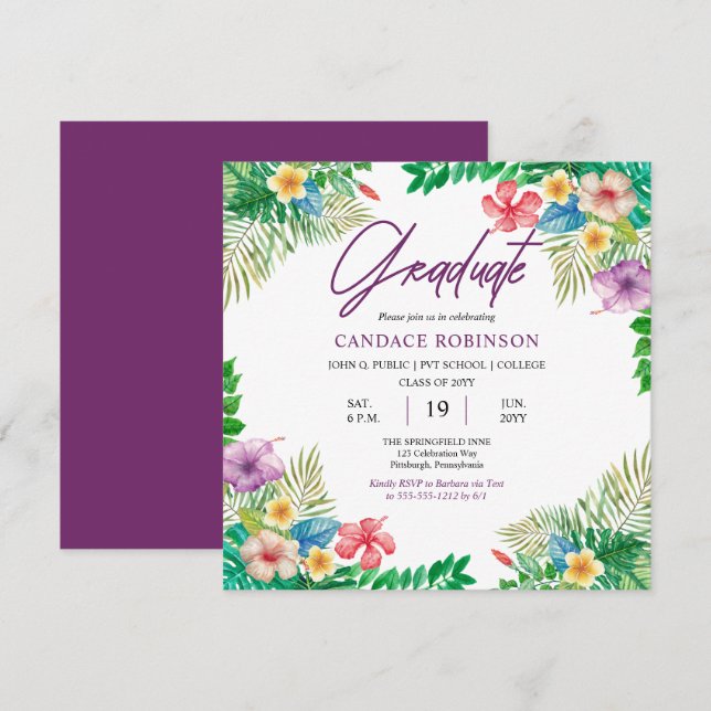 Invitation Boho Chic Tropical Hibiscus Graduation Party (Devant / Derrière)