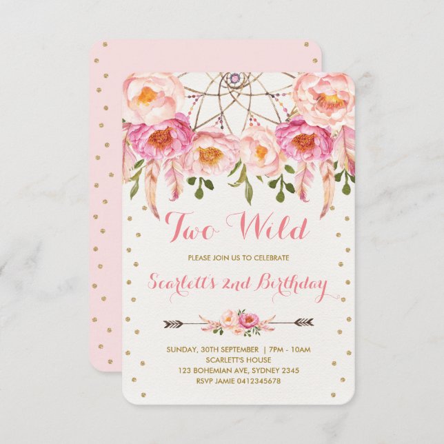 Invitation Boho Chic Two Wild 2e anniversaire Dreamcatcher Pa (Devant / Derrière)