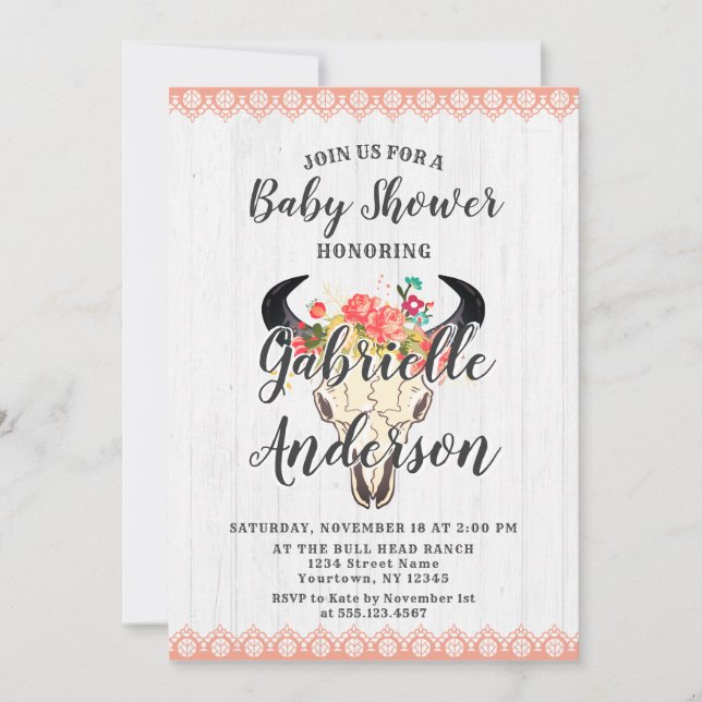 Invitation Boho Chic Vache Crâne Floral Baby shower Invitatio (Devant)