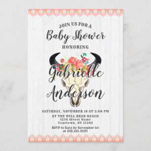 Invitation Boho Chic Vache Crâne Floral Baby shower Invitatio