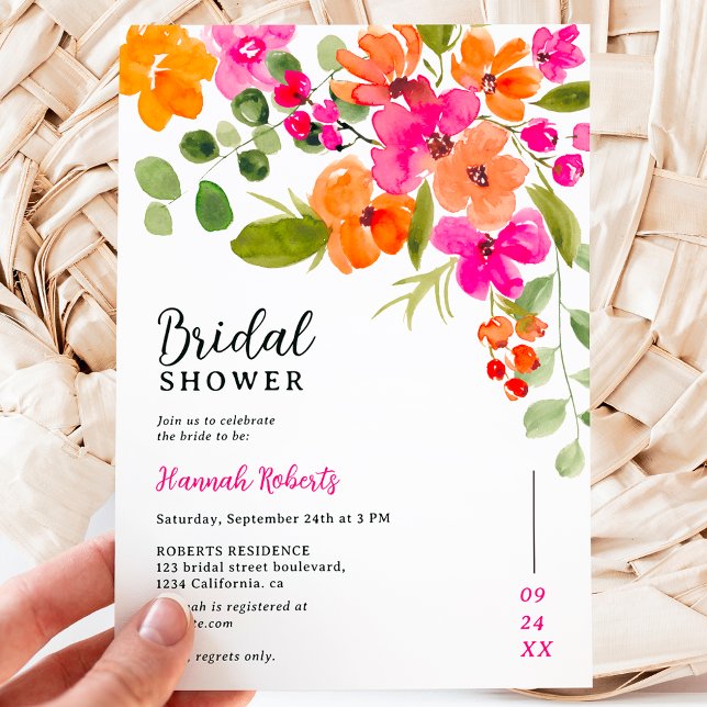Invitation Boho chute orange floral aquarelle nuptiale (Boho fall orange floral watercolor bridal shower invitation)