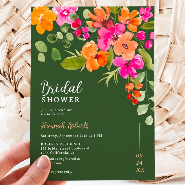 Invitation Boho chute orange floral aquarelle nuptiale (Boho fall orange floral watercolor bridal shower invitation on green)