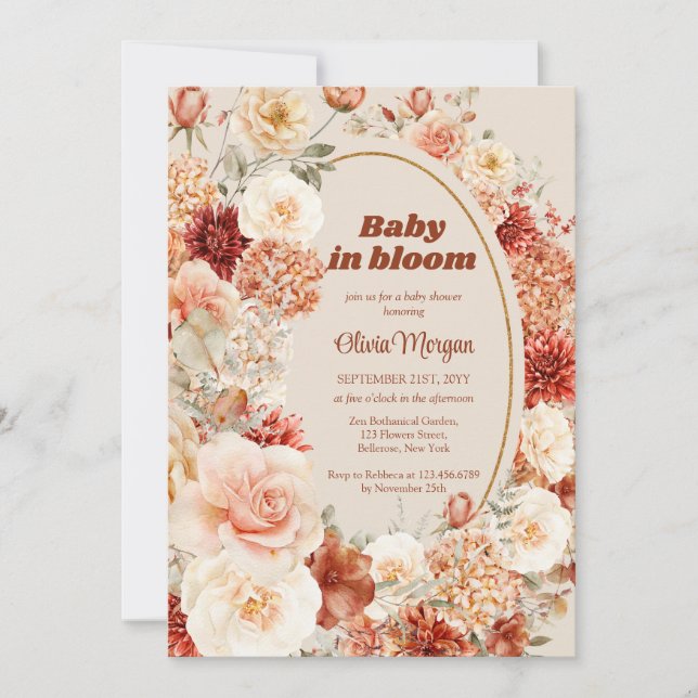 Invitation Boho chute terre cuite bordeaux floral super bébé (Devant)