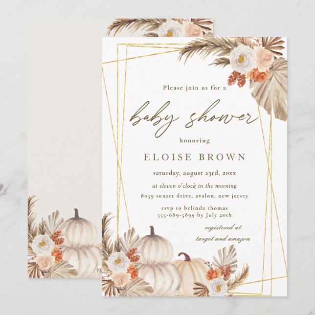Invitation Boho Citrouille Pampas Baby shower géométrique Gra (Devant / Derrière)