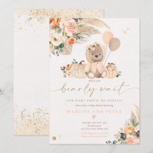 Invitation Boho Citrouille Teddy Oear Peach Girl Baby shower