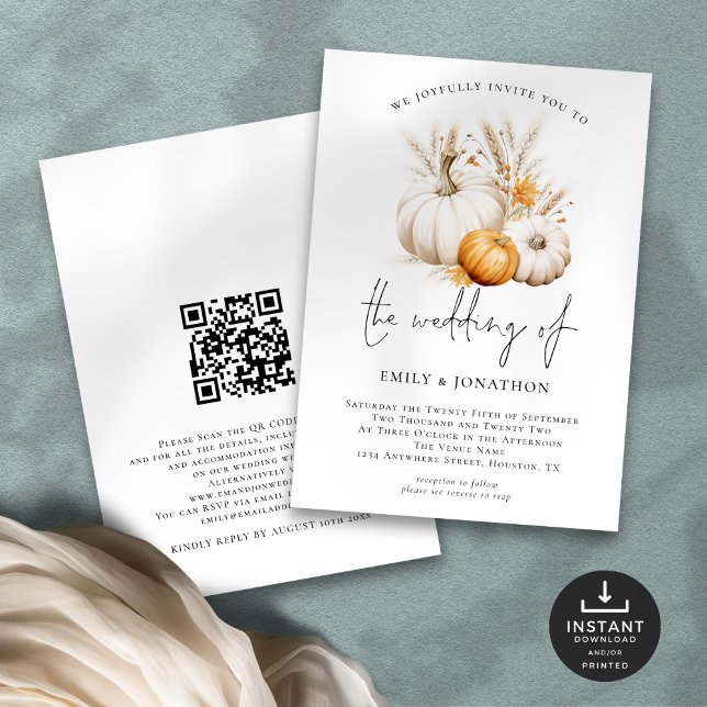 Invitation Boho Citrouilles Grasses QR Code Mariage (Front and back view)