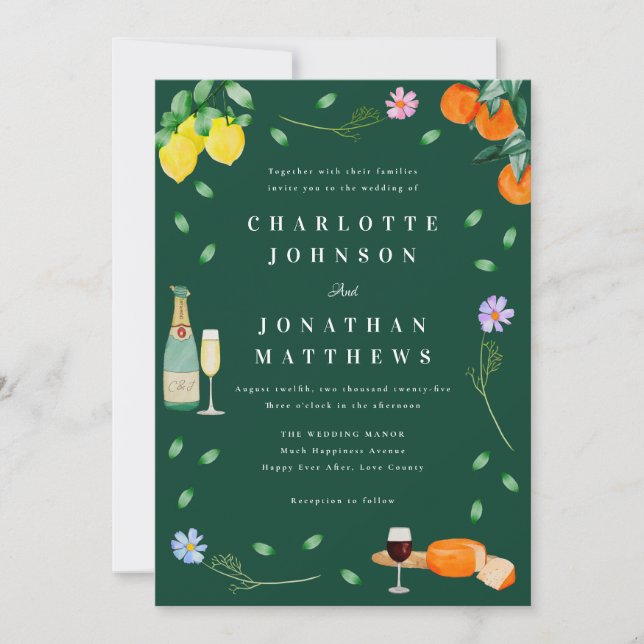 Invitation Boho Citrus & Wine Green Wedding (Devant)