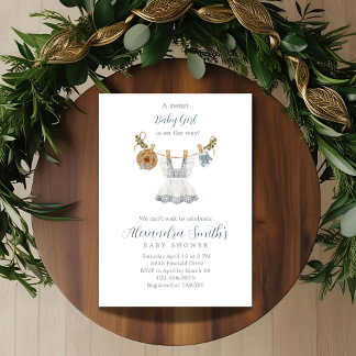 Invitation Boho Clothesline Girl bleu et blanc aquarelle