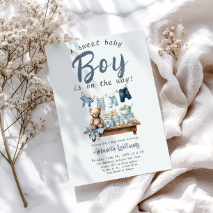 Invitation Boho Clothesline Sweet Blue Boy Baby shower