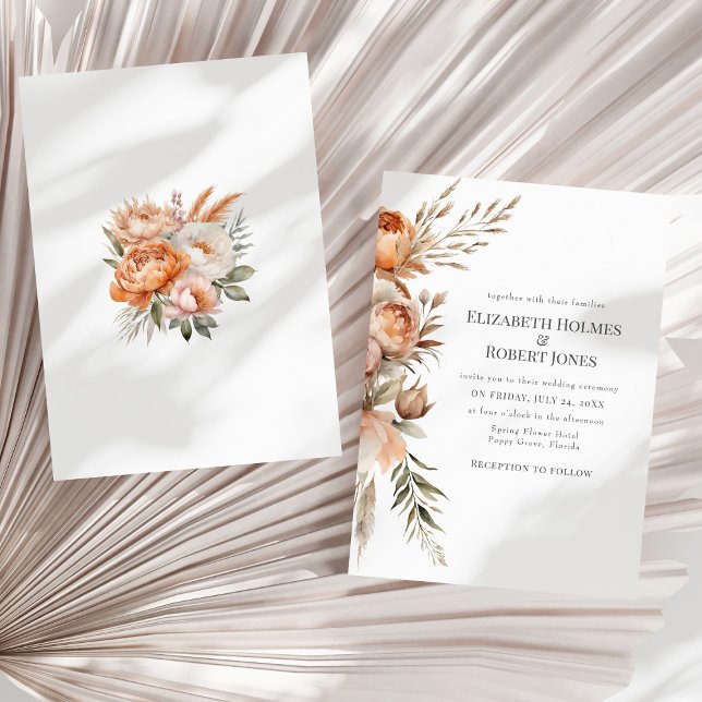 Invitation Boho Coral and Peach Dry Flowers Mariage (Boho Coral and Peach Dry Flowers Wedding Invitation - front and back - on a neutral dry palm leaf)