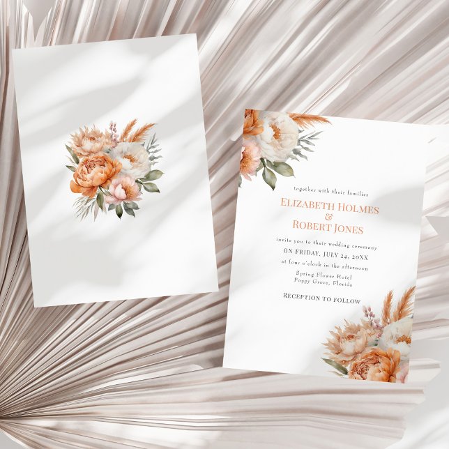 Invitation Boho Coral Flowers Mariage d'été (Boho Coral Flowers Summer Wedding Invitation - front and back - on a neutral dry palm leaf.)