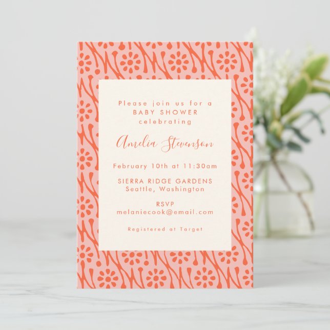 Invitation Boho Coral Orange Botanical Flowers Baby shower (Debout devant)