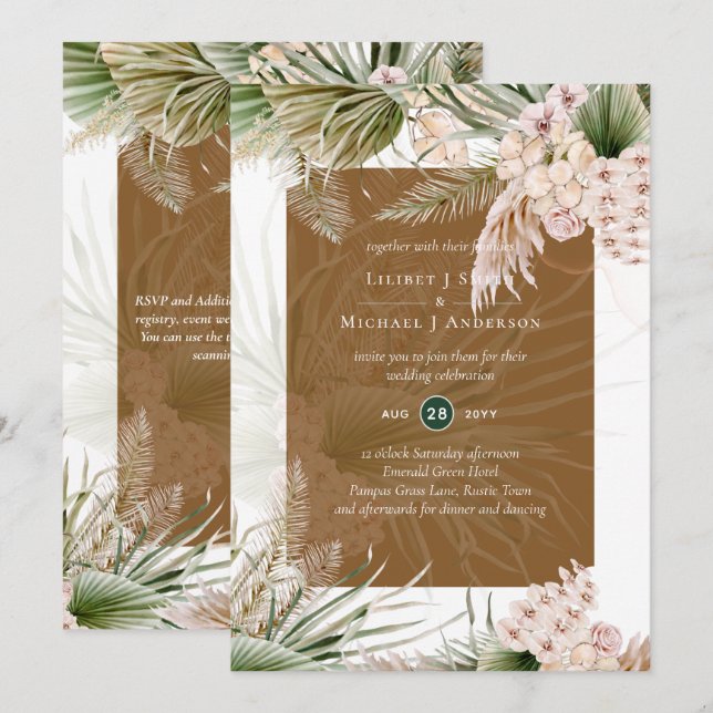 Invitation BOHO Couleur de la Terre Pampas Mariage (Devant / Derrière)
