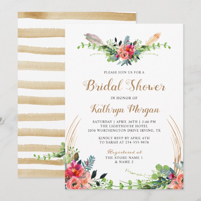 Invitation Boho Country Floral Aquarelle Flore Fête des marié (Devant / Derrière)
