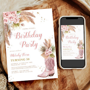 Invitation Boho Cowgirl Boot Pampas Grass Roses 30e anniversa