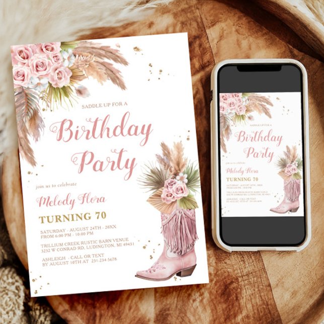 Invitation Boho Cowgirl Boot Pampas Grass Roses 70e anniversa (Boho Cowgirl Boot Pampas Grass Roses 70th Birthday Invitation)