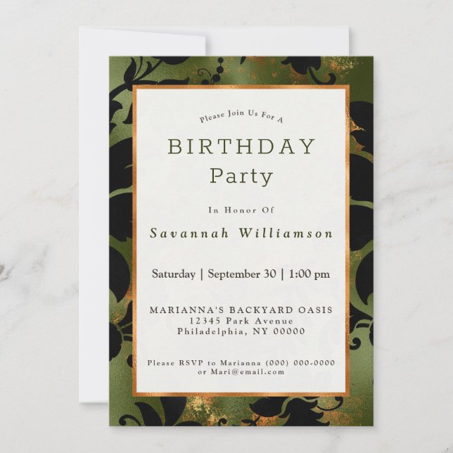 Invitation Boho Cuivre noir vert Floral Anniversaire (Devant)