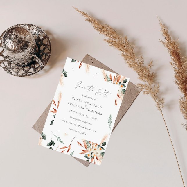 Invitation Boho Cuivre & Pampas & Floral Enregistrer la date (Créateur téléchargé)