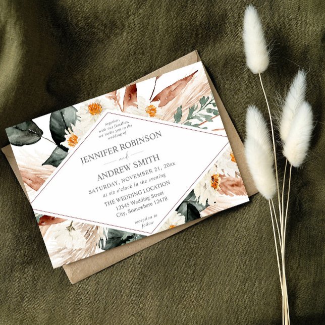 Invitation Boho Cuivre Pampas Grass & Beige Floral Mariage (Créateur téléchargé)
