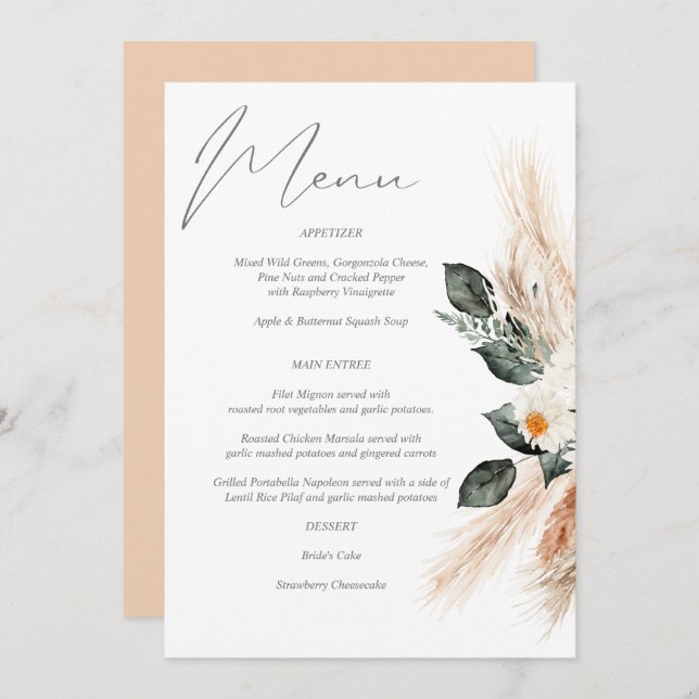 Invitation Boho Cuivre Pampas Grass & Beige Floral Menu Invit (Devant / Derrière)