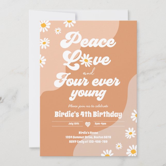 Invitation Boho Daisy 4e anniversaire Paix Amour Quatre Ever  (Devant)
