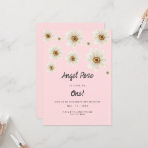 Invitation Boho Daisy Fleurs Fille 1er Anniversaire Rose mign