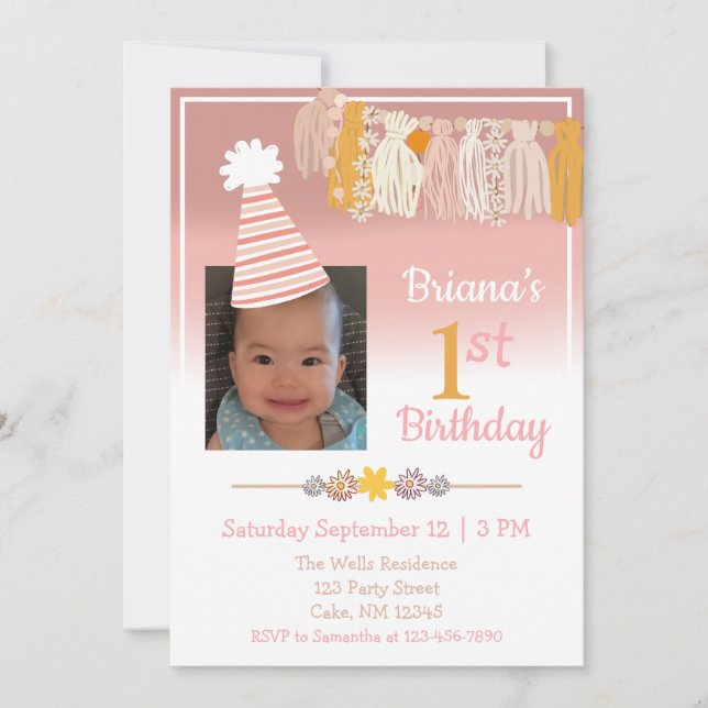 Invitation Boho Daisy Photo personnalisée Filles Premier anni (Devant)