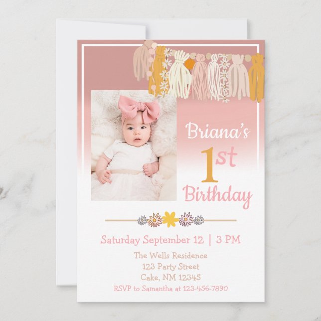 Invitation Boho Daisy Photo personnalisée Rose Premier annive (Devant)