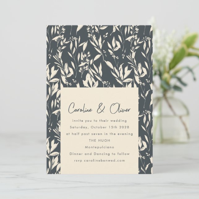 Invitation Boho Dark Moody Black Botanical Sketch Mariage (Debout devant)