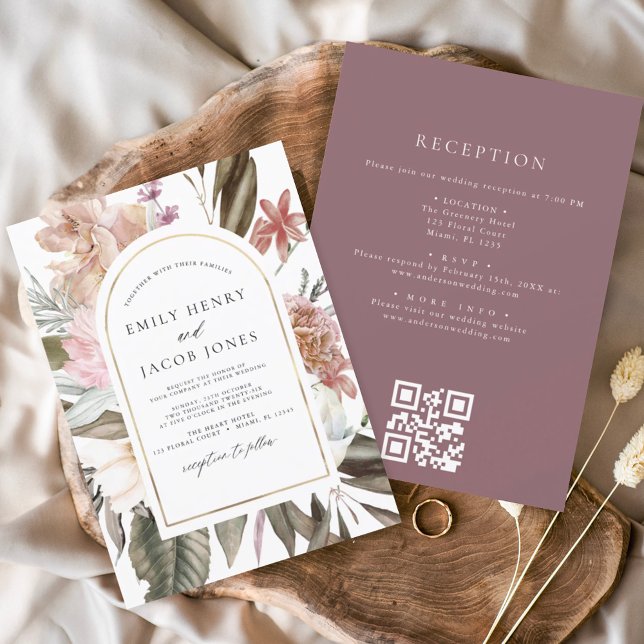 Invitation Boho de Bourgogne Floral tout en un QR Code Mariag (Créateur téléchargé)