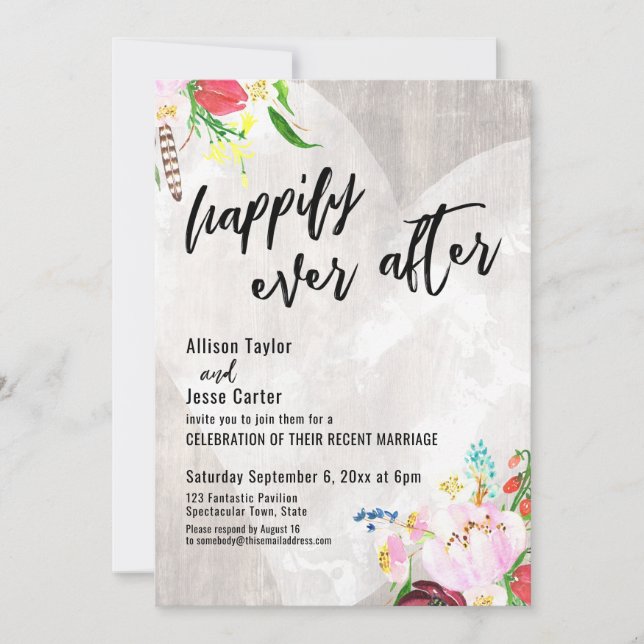 Invitation Boho de coeur Floral Bois Rustique Heureux Jamais  (Devant)