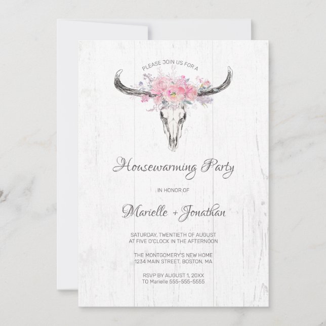 Invitation Boho de crâne de vache rustique Floral Blanc Maiso (Devant)