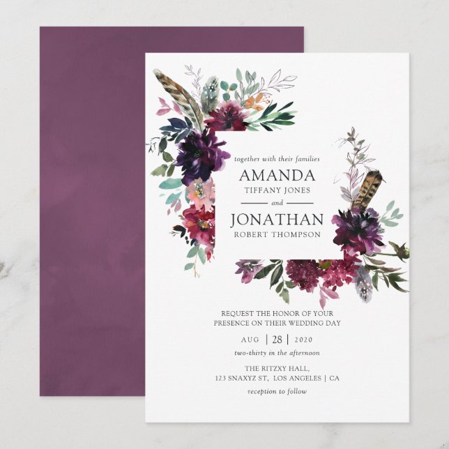 Invitation Boho de vin Bourgogne Mariage Floral (Devant / Derrière)