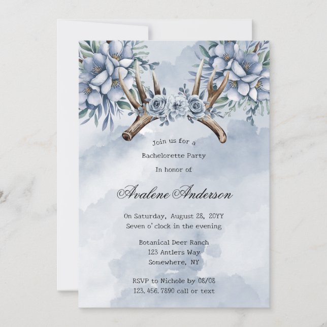Invitation Boho Deer Antler Blue Floral Bachelorette (Devant)